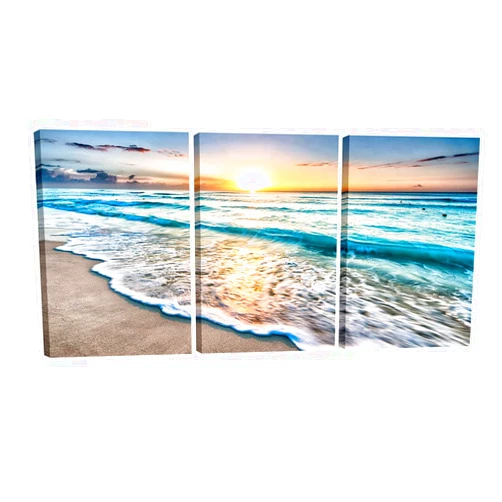 Pyradecor 3 Panels Blue Beach Sunrise White Wave Pictures Painting on Canvas Wall Art Modern Stretched Seascape Canvas Prints Seaview Landscape Artwork for Home Office Decorations
