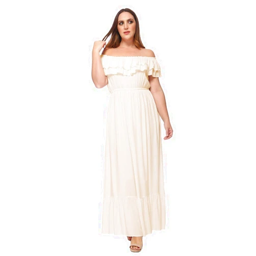 Anna-Kaci Women's Plus Size Bohemian Ruffle Off The Shoulder Stretchy Empire Waist Maxi Long Dress,