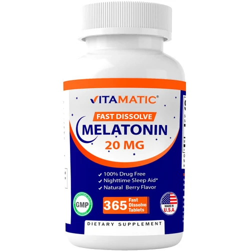 Vitamatic Melatonin 20mg Tablets | Vegetarian, Non-GMO, Gluten Free | 1 Year Supply | Natural Berry Flavor - 365 Tablets