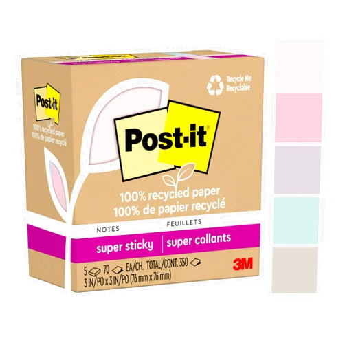 Post-it 100% Recycled Paper Super Sticky Notes, 2X The Sticking Power, 3x3 in, 5 Pads, 70 Sheets/Pad, Wanderlust Pastels Collection (654R-5SSNRP)