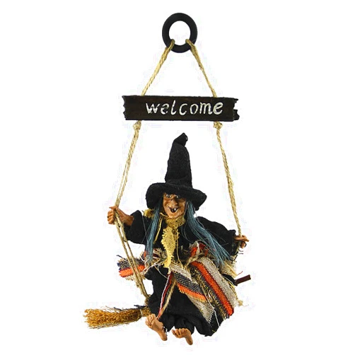 Clobeau Hanging Animated Witch on Broomstick Halloween Decoration Dolls Pendant Haunted House Decorate Props KTV Bar Restaurant Door Indoor Outdoor Decor Hanged Wizard Welcome Figure