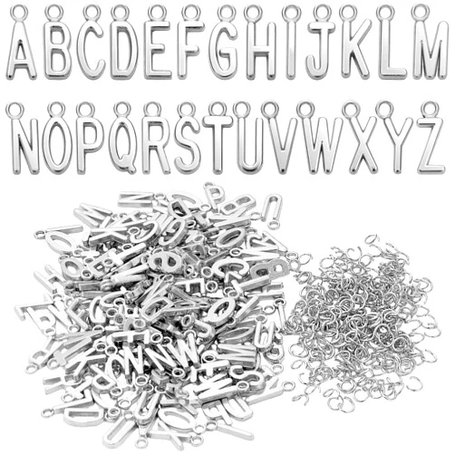 VICROIC 156 Pcs/6 Sets Silver ABC Alphabet Letter Charms, A-Z Metal Pendant Charms with 100 Pcs Open Jump Rings for DIY Bracelet and Necklace Jewelry Making
