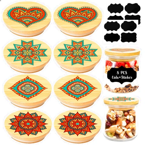 ANNOR 8 Pack Oui Yogurt Jar Lids Reusable Bamboo Wooden Lids with New Mandala Patterns, Silicone Sealing Rings and Yogurt Bottle Label, Fit for Oui Yogurt Jars