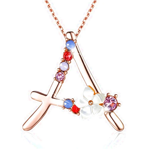GEMMANCE Flower Initial Letter Necklace Pink Red Blue Simulated Pearl Pendant Name Jewelry Made with Austrian Crystals Rose Gold Plated Anniversary Birthday Gifts for Women,18