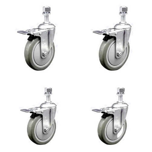 Service Caster Stainless Steel Polyurethane Swivel Threaded Stem Caster Set of 4 w/5