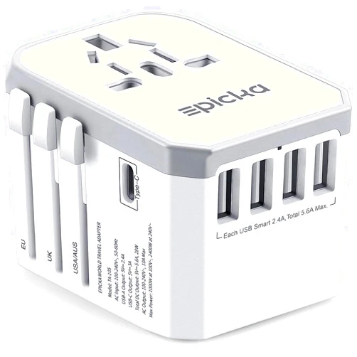 EPICKA Universal Travel Adapter, European Travel Plug Adapter - International Power Adapter Worldwide Charger with USB-C & 4 USB-A Ports, Travel Essentials for Italy, Japan, Europe, UK (TA-105, White)