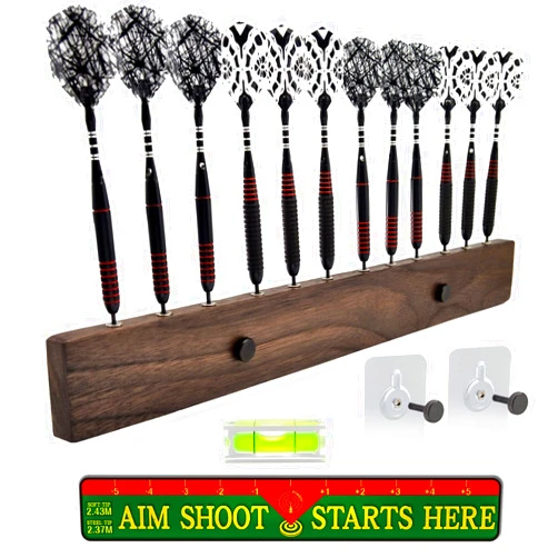DIMBOI Walnut Wood Dart Holder Wall Mount Displays 4 Sets For A Total Of 12 Steel/Soft Tip Darts,With Darts Throw Line Marker