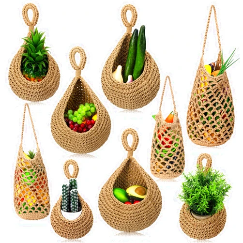 Woanger 9 Pcs Jute Hanging Fruit Baskets for Kitchen Boho Hanging Basket Woven Wall Basket Storage Garlic Keeper for Potato Onion Banana Vegetable Produce Hammock Holder Home Kitchen Decor(Brown)