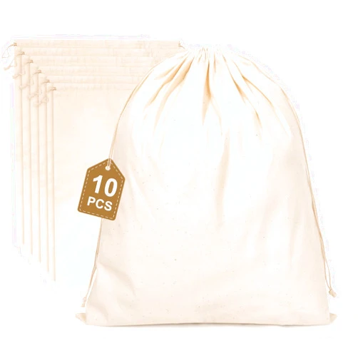 Hopttreely 10PCS Cotton Storage Bags with Drawstrings, X-Large 14x17inch Multipurpose Canvas Fabric Bread Bags, Reusable Muslin Bulk Flour Sack Bags, Natural Potato Onion Storage Bags, Cloth Shoe Bags