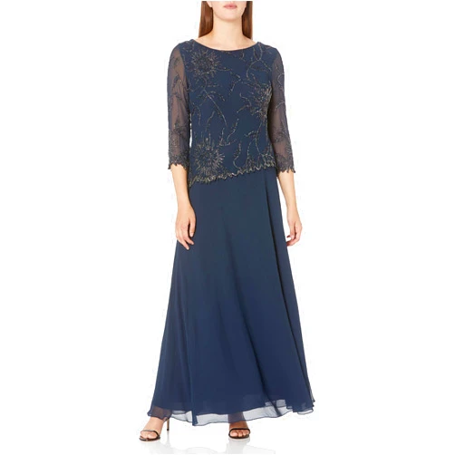 J Kara Plus Size Womens Scoop Neck Line with 3/4 Sleeve Beaded Top Long Dress