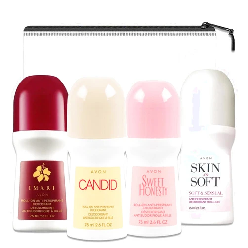 Avon Roll On Deodorant for Women - Travel Size Antiperspirant Bundle with 4 Avon Roll On Scented Deodorants 2.6 Oz with Travel Case | Avon Roll On Deodorant Candid, Imari, Soft & Sensual, Sweet Honey