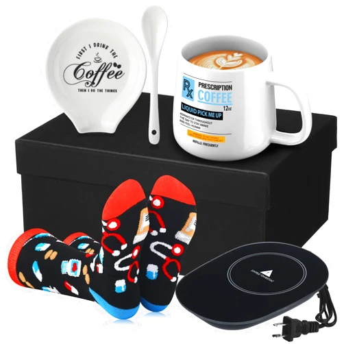 Sliner 5 Pcs Coffee Lovers Pharmacist Gift Includes Prescription Coffee Mug, Spoon, Coffee Themed Tray, Coffee Socks and Coffee Heating Pad Christmas Gift for Male and Female Pharmacist Coffee Lovers