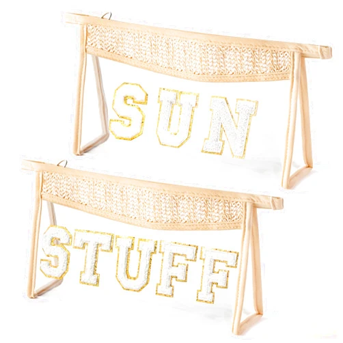 Belanttega Boho Patch Cosmetic Bags - 2Pcs Summer White SUN STUFF Chenille Varsity Letter Clear Toiletry Bag Waterproof Portable Makeup Bag PVC Zipper Clutch Purse Travel Beach Bag for Women Girls