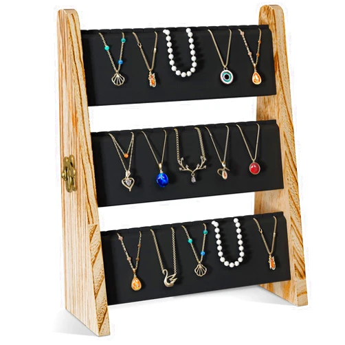 Lolalet 3 Tier Necklace Display Stand for Selling, Jewelry Displays for Vendors, Chain Necklace Holder Rack with Velvet for Craft Show -Black