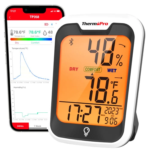 ThermoPro TP358 Bluetooth Thermometer for Room Temperature with Built-in Clock, Smart Temperature Sensor and Humidity Meter with Backlit, 260Ft Hygrometer Indoor Thermometer with Data Storage Export