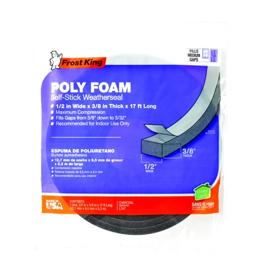 Frost King L347 Self-Adhesive Open Cell Tape, 17 Ft L X 1/2, Polyfoam, Charcoal, 3/8