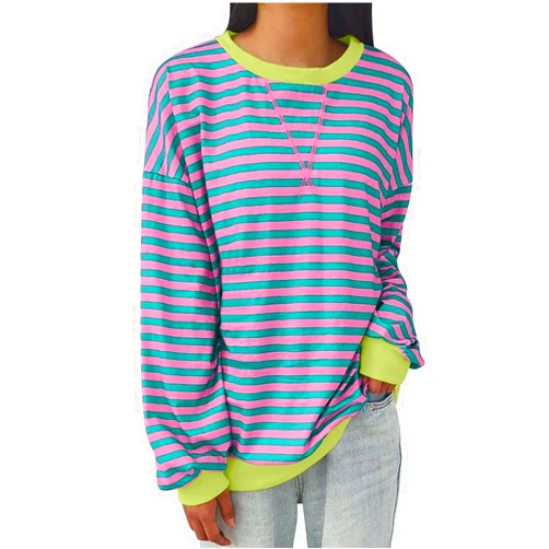 Xiaojmake Womens Oversized Striped Sweatshirt Color Block Lantern Long Sleeve Y2K T-Shirts Fall Loose Crew Neck Pullover Tops