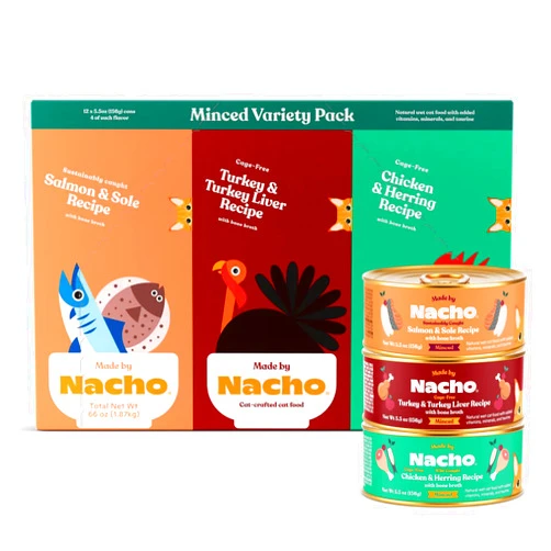 Made by Nacho Premium Minced Wet Canned Cat Food with Hydrating Bone Broth 5.5oz (12 Packs) (Variety Pack (Turkey & Turkey Liver, Chicken & Herring, and Salmon & Sole))