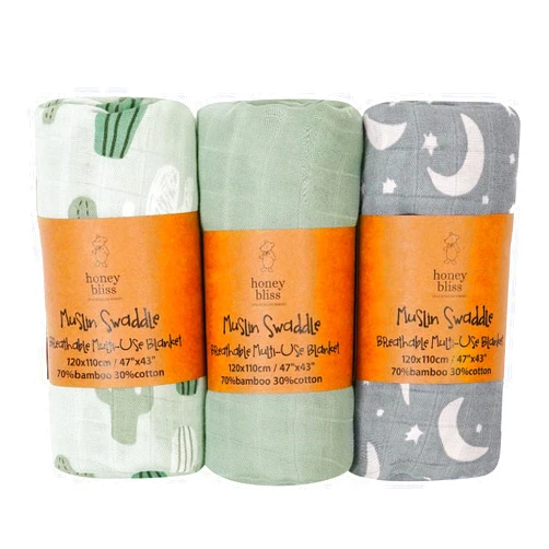 Generic Muslin Swaddle and Receiving Blankets: Breathable, UV-Protective, and Skin-Friendly Comfort for Babies, Boys & Girls, 3-Pack (47 x 43 inches / 120cm x 110cm) (Green)