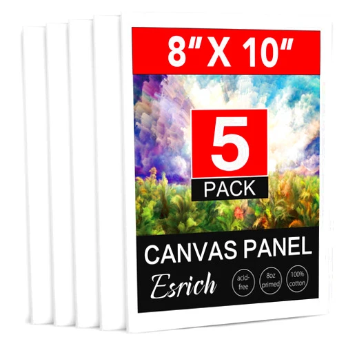 ESRICH Canvas Boards for Painting, 5 Pack Canvases for Painting 8x10 Cotton Primed Acid Free Blank Canvas Panels for Oil Paint, Watercolor, Acrylic Paint, Gouache and Tempera.