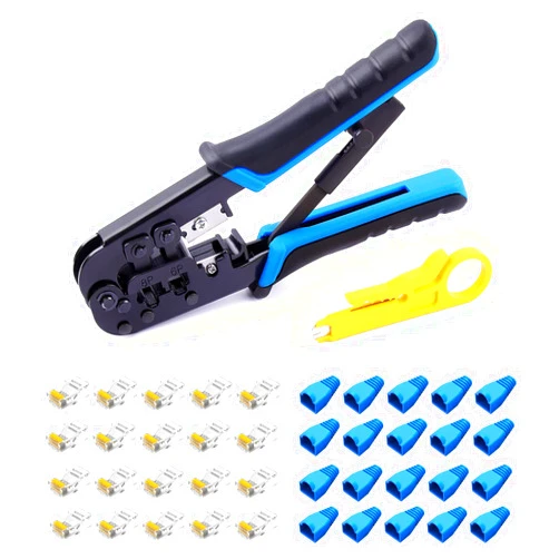 Delgada RJ45 Ethernet Crimping Tool kit,4in1 Professional Cutter Stripper Network Crimper for RJ-11,6P/RJ-12,8P/RJ-45 Crimp,with 20pcs Cat5 Cat5e RJ-45 Connectors-20PCS Covers-1 Network Wire Stripper