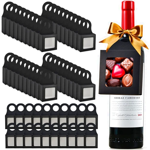Mototo 60 Pieces Kraft Paper Wine Bottle Box with Window Hanging Foldable Wine Boxes Gift Boxes Empty Wine Bottles for Decor Bottle Hanger Favor Box for holding Candy Truffles Chocolate Cookies (Black)