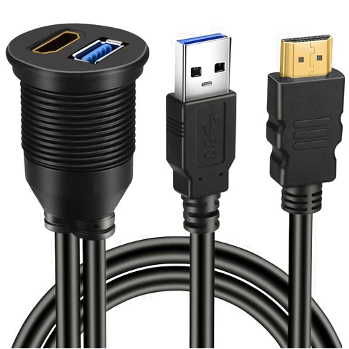 BATIGE USB 3.0 & HDMI to HDMI + USB3.0 AUX Extension Dash Panel Waterproof Car Flush Mount Cable for Car Boat and Motorcycle - 1ft