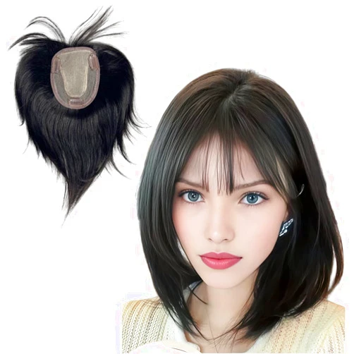 AYunhe Lace Base Human Hair Toppers Middle Part Straight Natural Hairpiece with Doll Bangs 10x12 cm Clip In Extension For Hair Volume (Black, 8 inch)