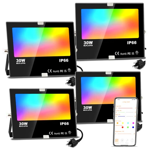 MELPO LED Flood Light Outdoor, 300W Equivalent 3000LM Smart RGB Landscape Lighting with APP Control, DIY Scenes - Timing - 5700K Daylight White -Color Changing Uplight, IP66 Waterproof US Plug MELPO(4 Pack)