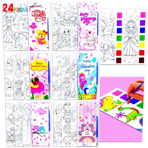 JUNQIU US JUNQIU 24 Pack Valentines Day Cards For Kids School, Watercolor Coloring Book Set, Valentines Day Gifts For Kids Classroom Exchange, Paint Party Favors Valentines Crafts