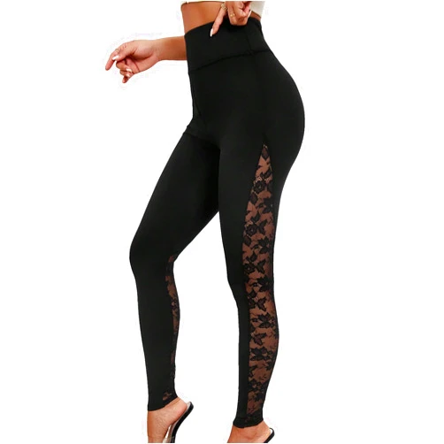 SweatyRocks Women's Casual High Waist Floral Lace Side Leggings Solid Skinny Workout Yoga Pants