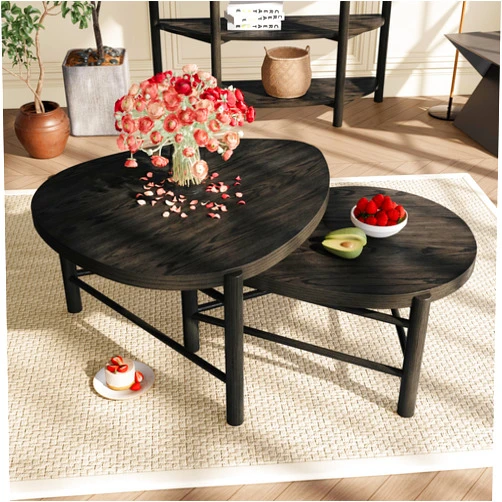 MODERION Water Drop-Shaped Coffee Table Set of 2 with Wood Top for Living Room, Modern Nesting Center Table with Solid Wood Legs,Tea Table for Office, Kitchen, Easy Assembly, Pearlescent Black KFZ-T777-DK