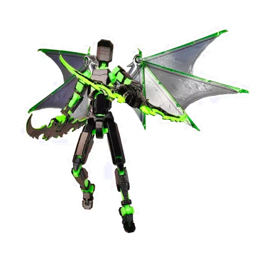 Generic Fallen Angel T13 Action Figure with Bat Wings Scythe Weapon Accessories, 3D Printed Lucky 13 Action Figure, PVC Model Full Body Mobile Robot Desktop Decoration Action Figure, Green-devil