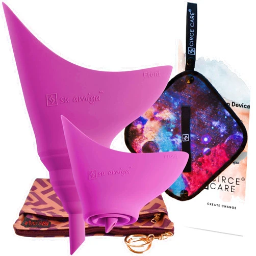 CIRCE CARE 2nd Gen SuAmiga Female Urination Device (in color Wild Purple) with New Waterproof Carry Bag + Silver Infused Pee Cloth (1pc Black Galaxy)