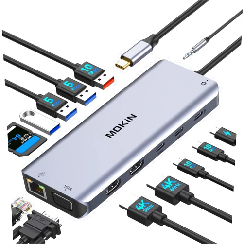 MOKiN USB C Laptop Docking Station Dual Monitor, USB C Hub Multiport Adapter Dongle Dock with 2 HDMI, VGA, PD Charging,Ethernet,6 USB C/A Ports,SD/TF,Audio, Compatible for Dell/HP/Lenovo