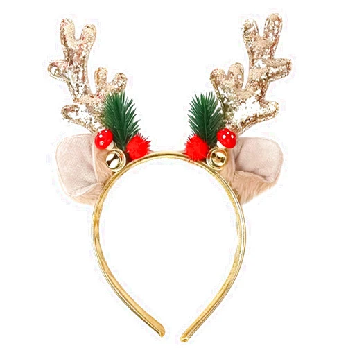XIELIME Gold Glitter Deer Antler Headband Christmas Reindeer Antlers Headband Furry Ears HairBand Cute Bell Red Ball Hair Hoop Xmas Elk Headdress Holiday Headpiece for Women Girls 1 Pack, One Size Fits Most