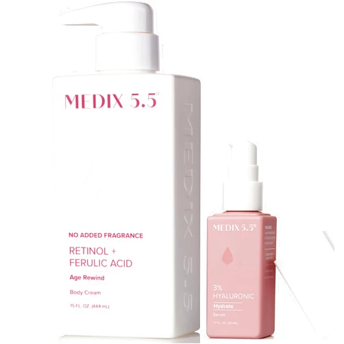 Medix 5.5 MEDIX Fragrance Free Firming Retinol Body Lotion + 3% Hyaluronic Acid Serum Booster 2pc Skin Care Set | Crepey Skin Care Treatment | Anti Aging Body Cream & Face Moisturizer For Crepe Skin & Dry Skin