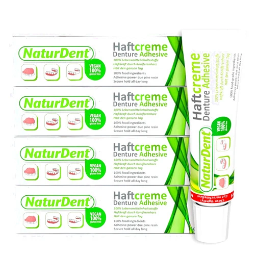 NaturDent Natural Strong Denture Adhesive – Long Lasting Hold, Zinc-Free, Petrochemical-Free, Paraben-Free, Neutral Taste, 40 g - 4 Pack
