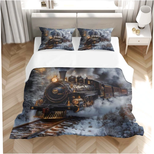 Lokaluo Train Duvet Cover King Size 3D Printed Vehicle King Duvet Cover Set Vintage Train Rail Road Smog Tree Snow Bedding Set Room Decor All Season 3 Pcs Comforter Cover with 2 Pillowcases