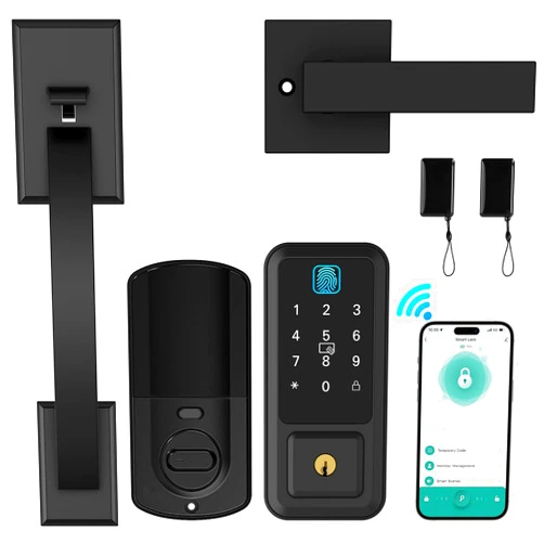 Hunnay WiFi Front Door Lock Set, Hunnay Keyless Entry Door Lock Deadbolt with Handle Set with Fingerprint & Digital Keypad, Smart Locks for Front Door, Bluetooth Enabled with Alexa Voice Control, Black