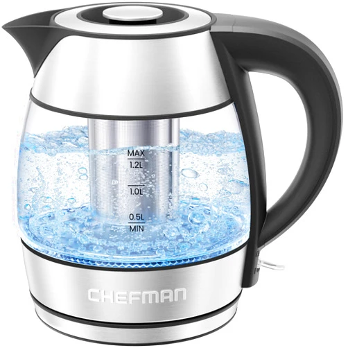CHEFMAN Electric Kettle - 1.2L 1500W Hot Water Tea Pot with Tea Infuser, BPA Free, Auto Shut Off, Boil-Dry Protection, Removable Lid, LED Light, Cordless Glass Electric Tea Kettle – Stainless Steel