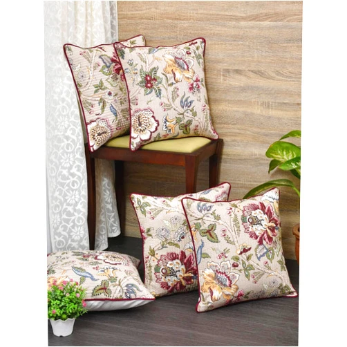 Generic Cushion Covers Set of 5 Beige Multicolor with Quilting ; Cotton Fabric; 12x12 Inches; Color Fastness Guarantee