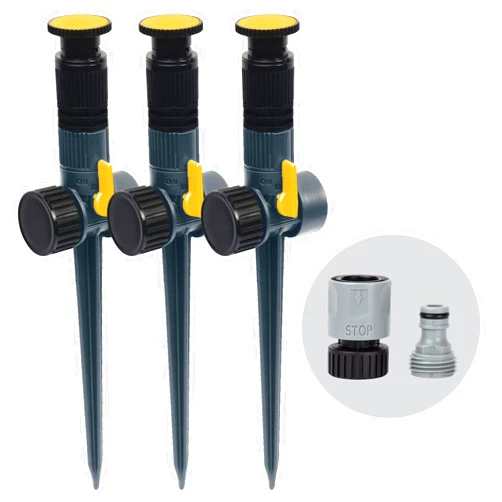 Melnor 65185AMZ Multi-Adjustable Spike Sprinkler, 3-Pack W/Quick Connect Bundle, Flow Through Base, Black, Grey, Yellow