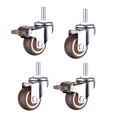 Norgail 1 Inch Small Tiny Shopping Cart Wheel Trolley Swivel Caster Wheels Soft Rubber TPE M6x 15mm Metric Threaded Mini Stem Caster Wheel (2 with Brakes), 24lb/11kg Load Capacity, Set of 4