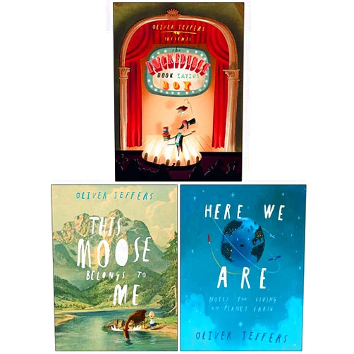 By Oliver Jeffers (Author) Oliver Jeffers Collection 3 Books Set (The Incredible Book Eating Boy, This Moose Belongs to Me, [Hardcover] Here We Are Notes for Living on Planet Earth)