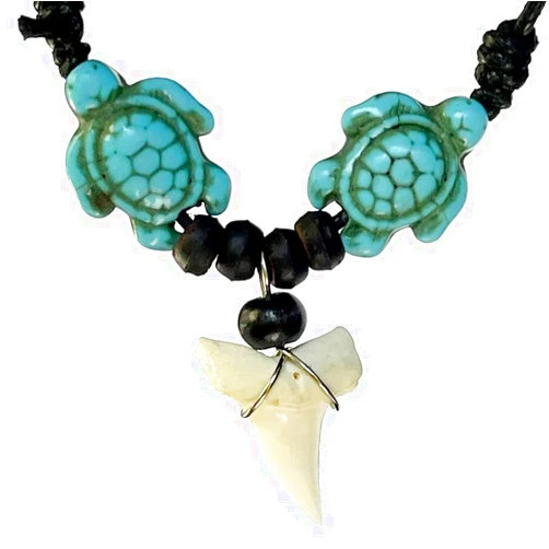 OhDeal4U Tribal Jewelry Shark Tooth Blue Turtle Beads Amulet Men's Pendant Necklace Adjustable Black Cord
