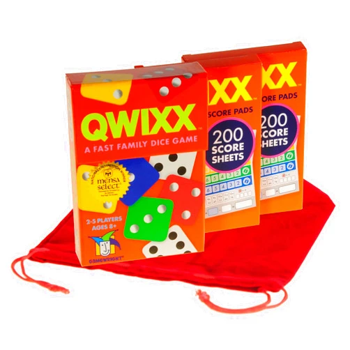 Deluxe Games and Puzzles QWIXX Dice Game, 2 Replacement Scoresheet Packs, RED Velvet Drawstring Pouch, Bundled Items