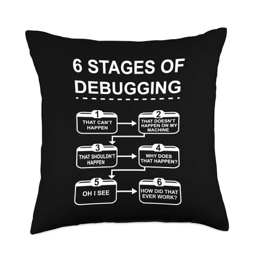 Developer Coder Coding PC Present, Tee and design 6 Stages of Debugging design Programming Computer Science Throw Pillow
