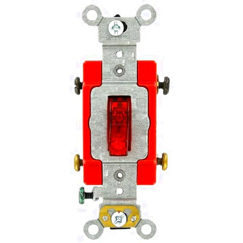 Leviton 1222-7PR 20 Amp, 277 Volt, Toggle Pilot Light, Neutral Double-Pole AC Quiet Switch, Extra Heavy Duty Spec Grade, Self Grounding, Back and Side Wired, Red