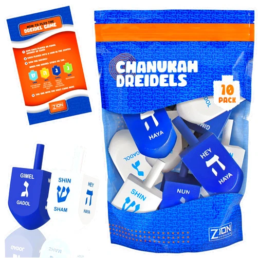 Zion Judaica Ltd Zion Judaica Hanukkah Dreidels Blue & White Natural Wood with English Translation & Transliteration (10 Pack)